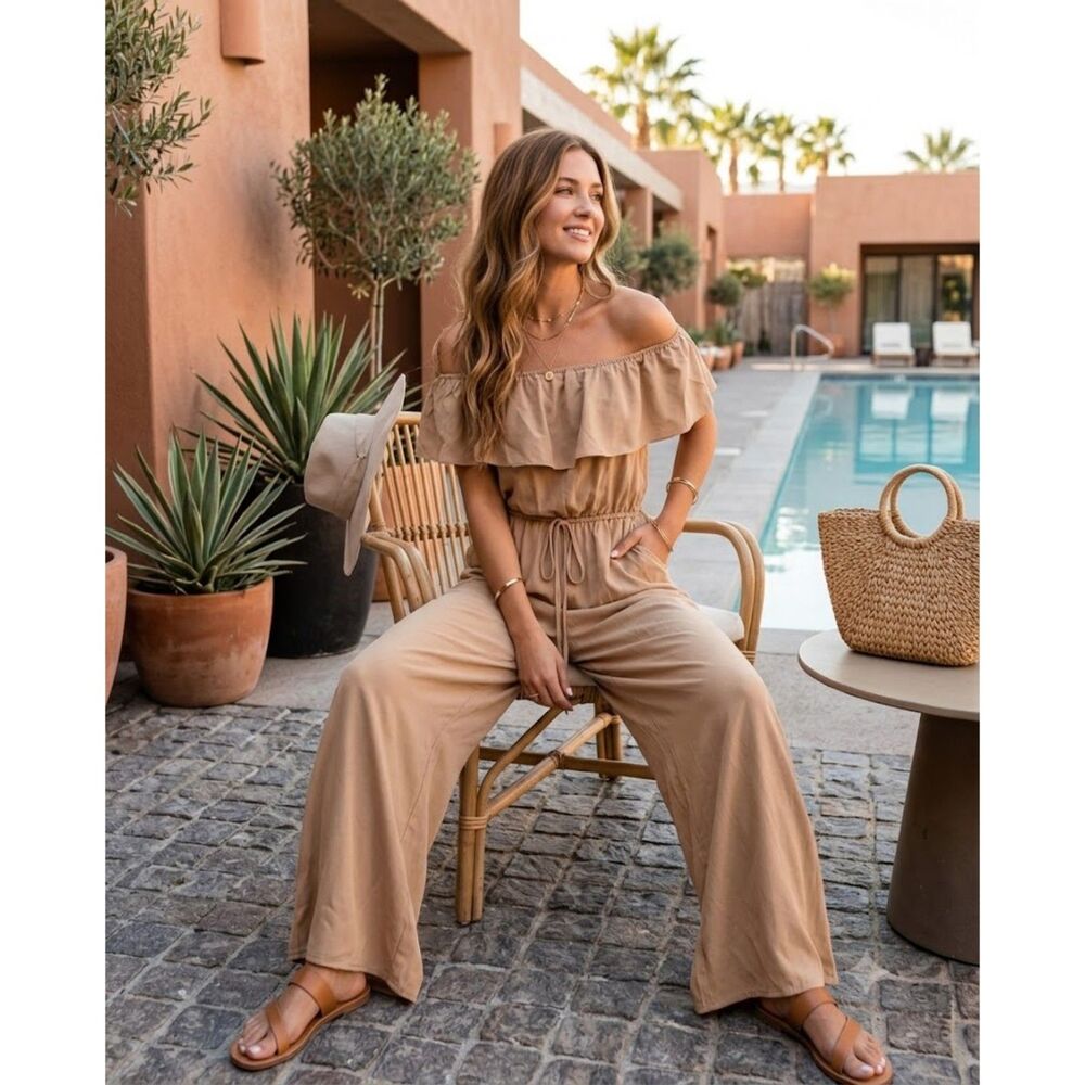 NIP Tan Off Shoulder Ruffle Wide Leg Jumpsuit Romper Pockets Medium